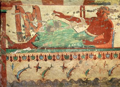 Ein Gast bei einem Trauerbankett hält ein Ei in der Hand, aus dem Grab der Löwen, ca. 520 v. Chr. von Etruscan